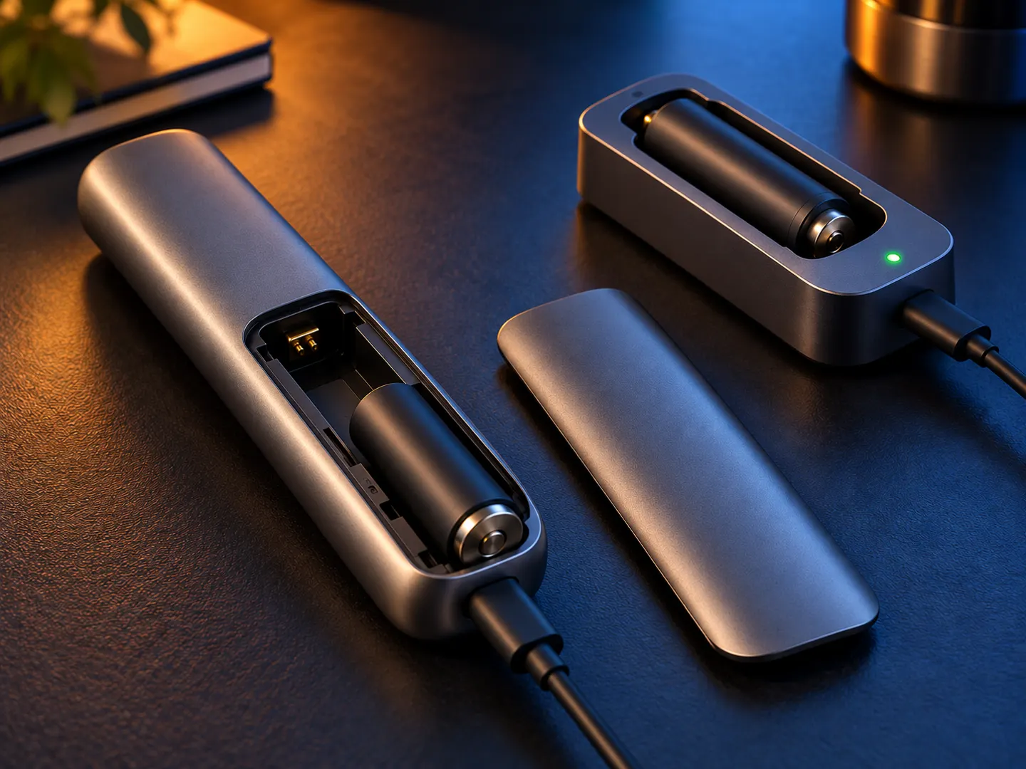 The CueFar Handheld with its battery door open and the cell half out, a spare cell charging in a small USB-C charger beside it