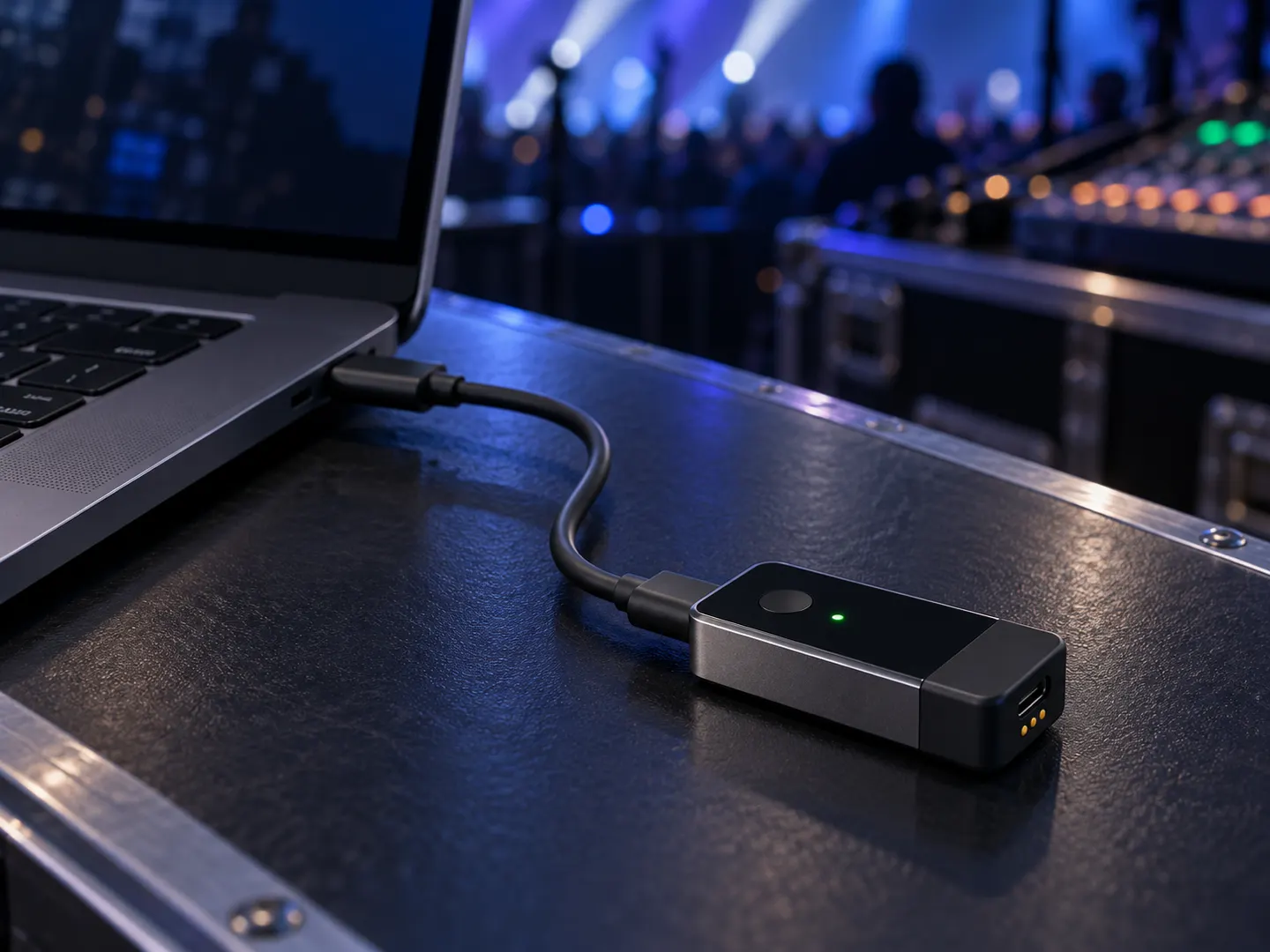 The small CueFar receiver connected to a laptop at a front-of-house desk, its green status light on