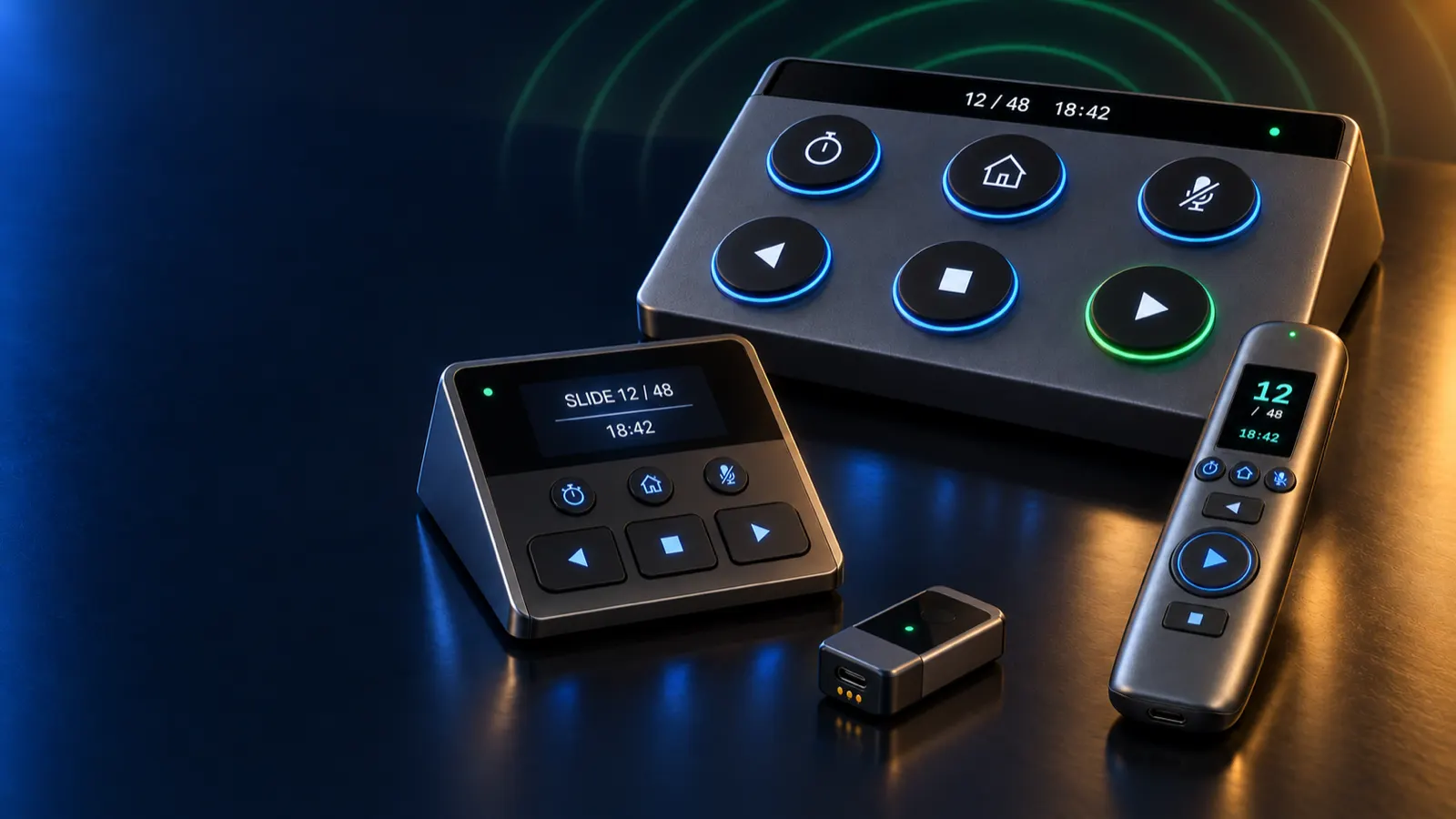 The CueFar family: the slim Handheld, the wedge-shaped Pulpit, the foot Pedal and the small receiver