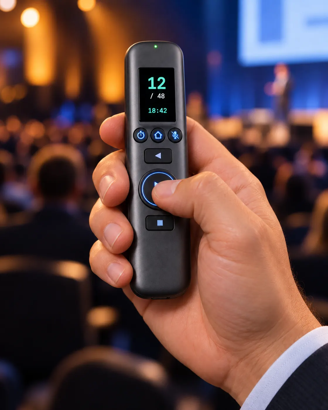 A presenter's thumb on the NEXT key of the slim CueFar Handheld, its screen showing slide 12 of 48