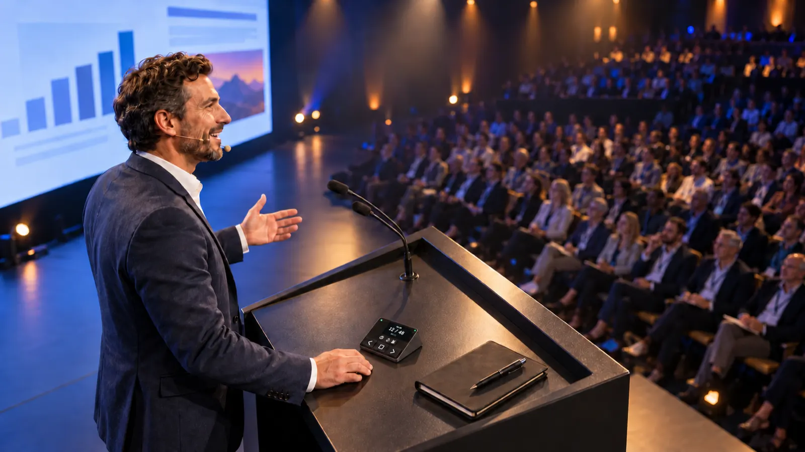 Seen from behind a speaker at a lectern: a small open notebook with a pen and the CueFar Pulpit showing slide 12 of 48, his hand on the NEXT key, the slides blurred on the big screen in the background