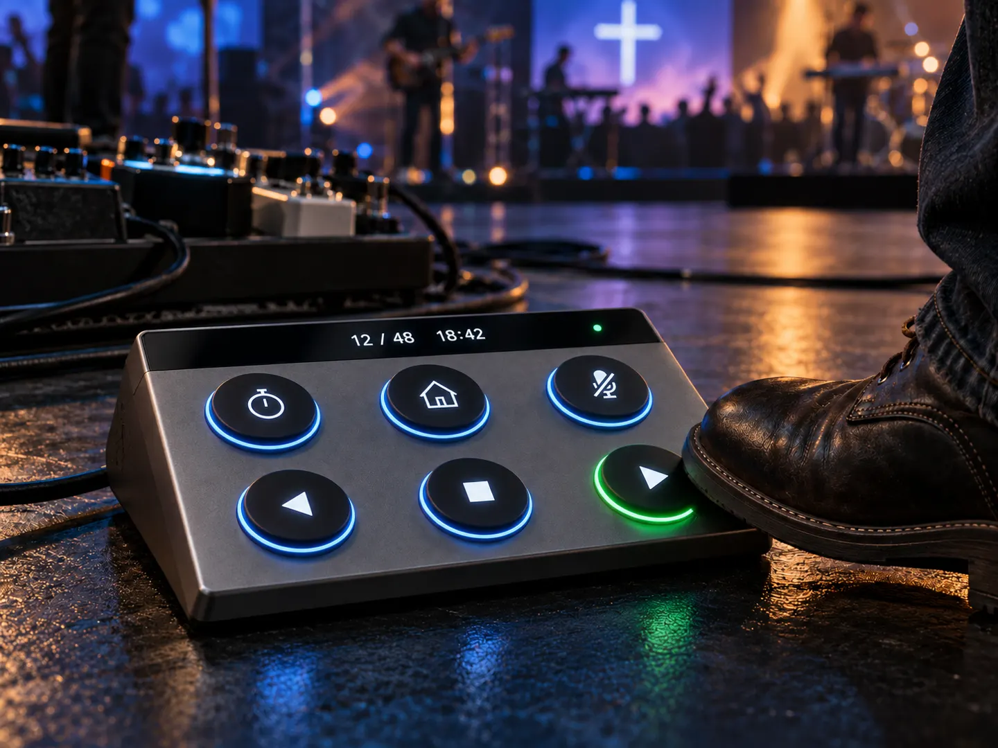 A speaker's shoe pressing the NEXT plate of the CueFar Pedal on a stage floor, a green light above the plate