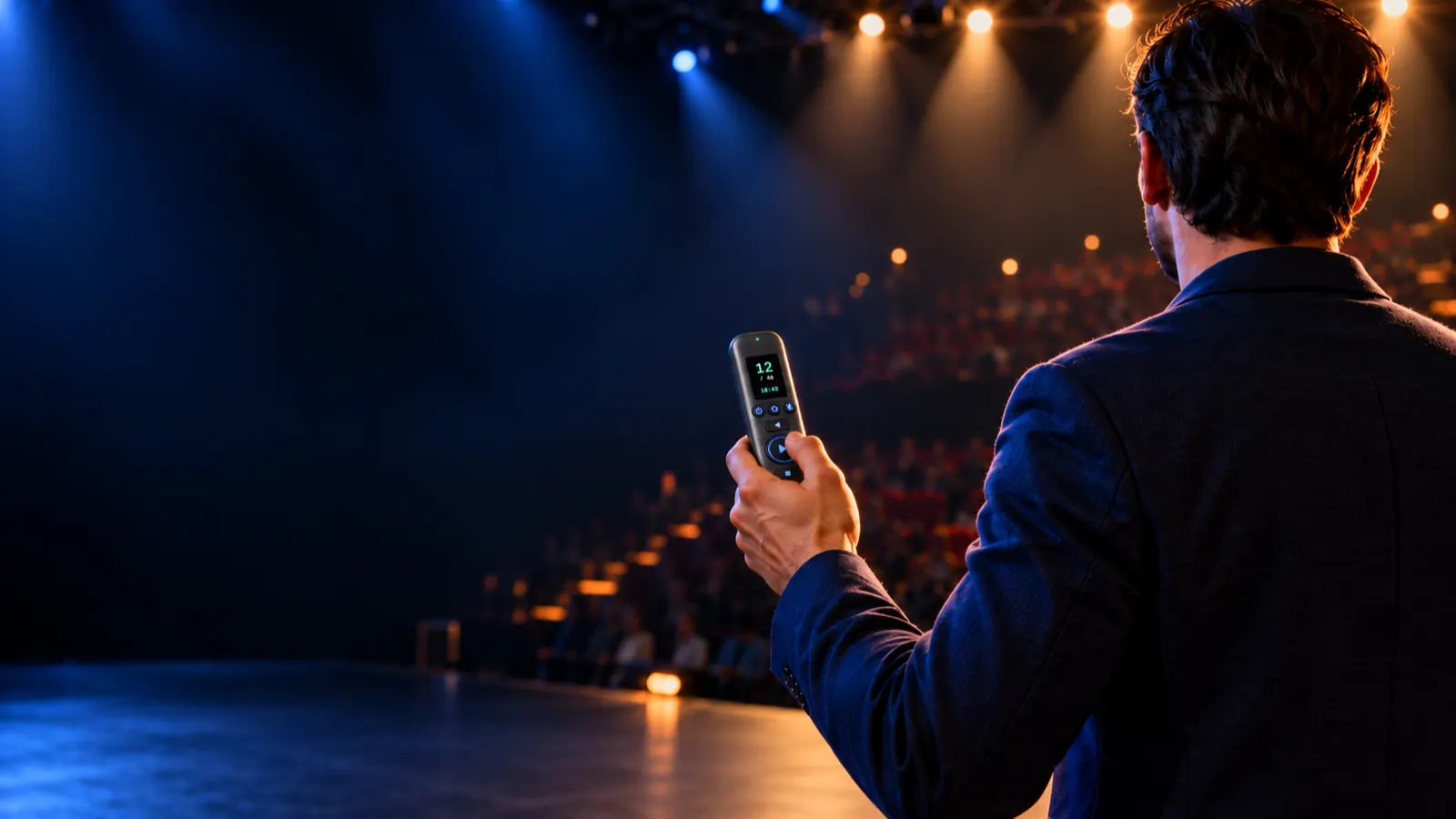 A speaker on a large theatre stage, seen from behind under the stage lights, holding the CueFar Handheld towards a full audience